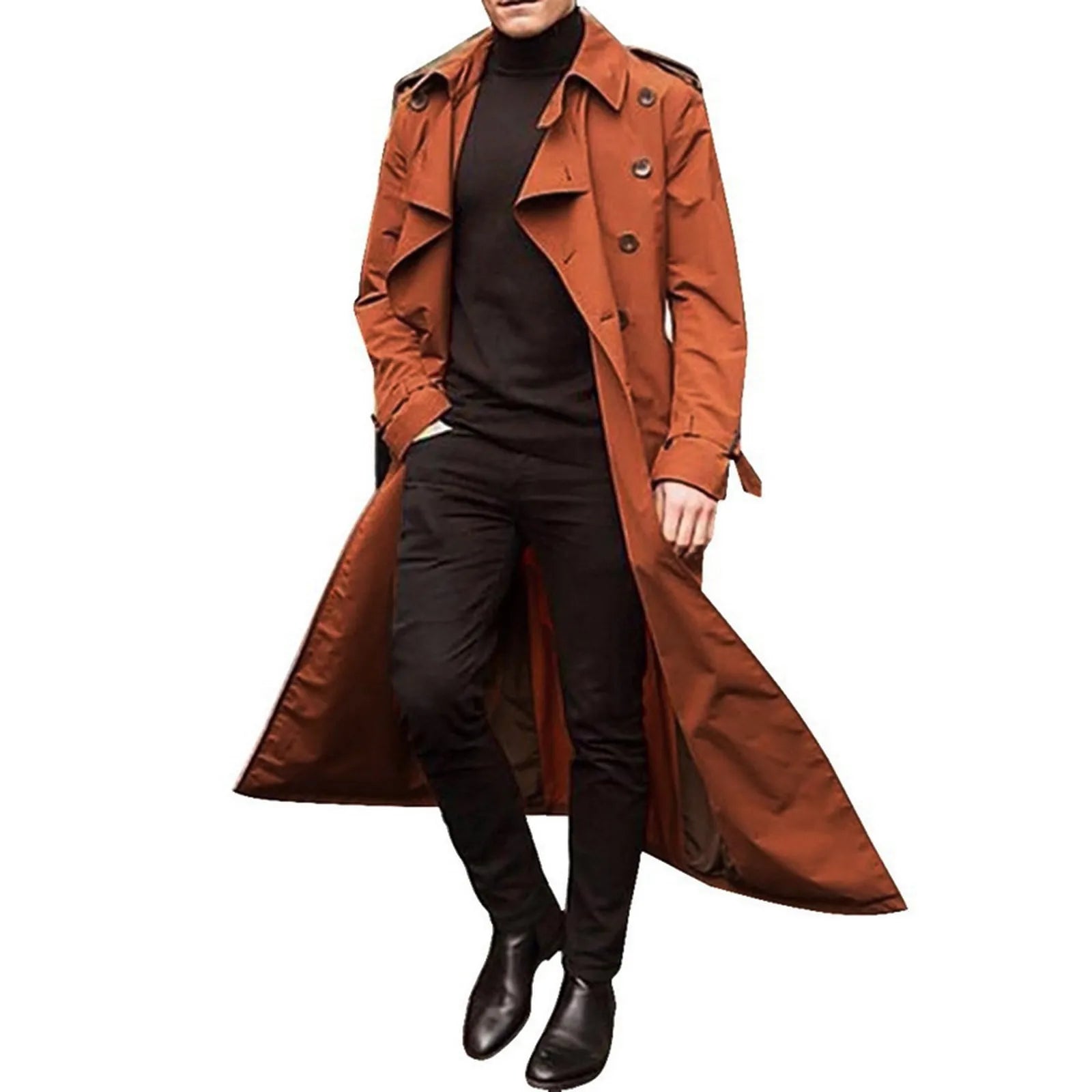 Men'S Windbreaker Spring Autumn Long-Slevee Extra Long Trench Coat Classic Trend Double Breasted Solid Color Temperament Trench