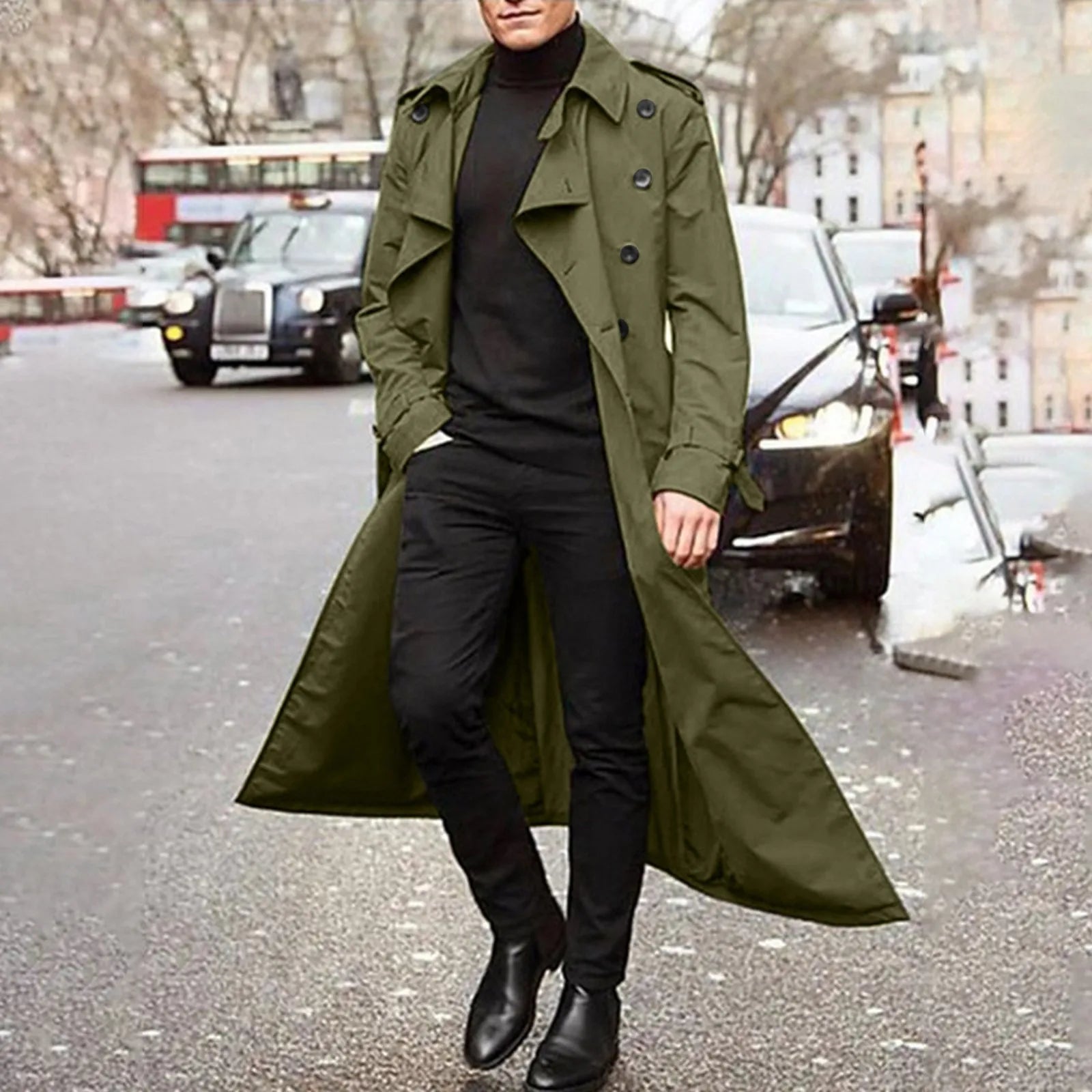 Men'S Windbreaker Spring Autumn Long-Slevee Extra Long Trench Coat Classic Trend Double Breasted Solid Color Temperament Trench