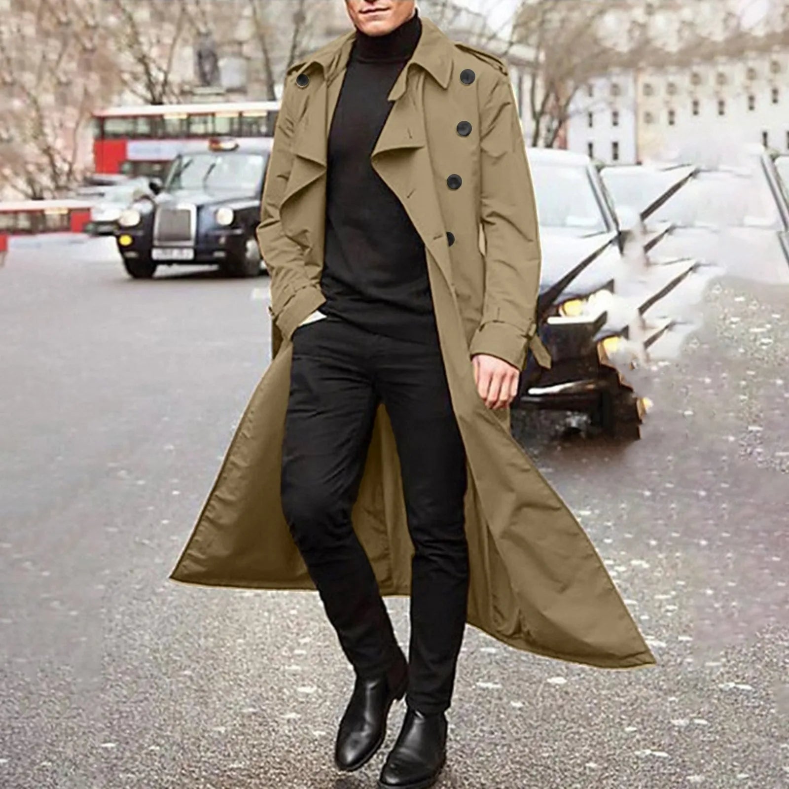 Men'S Windbreaker Spring Autumn Long-Slevee Extra Long Trench Coat Classic Trend Double Breasted Solid Color Temperament Trench