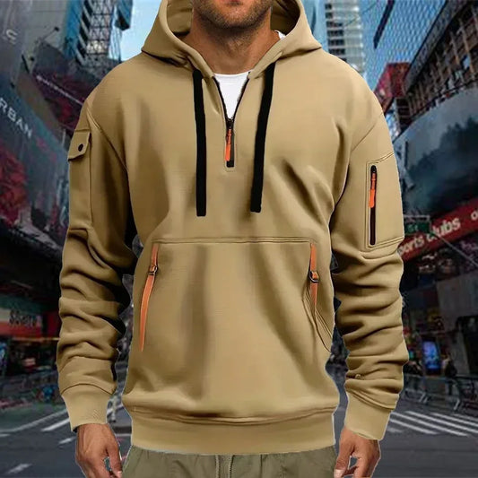 Men's Casual Sports Hoodie Spring Autumn Fashion Solid Color Long-Sleeved Pullover with Arm Pocket And Pull Rope plus Size - KADIR MARKET