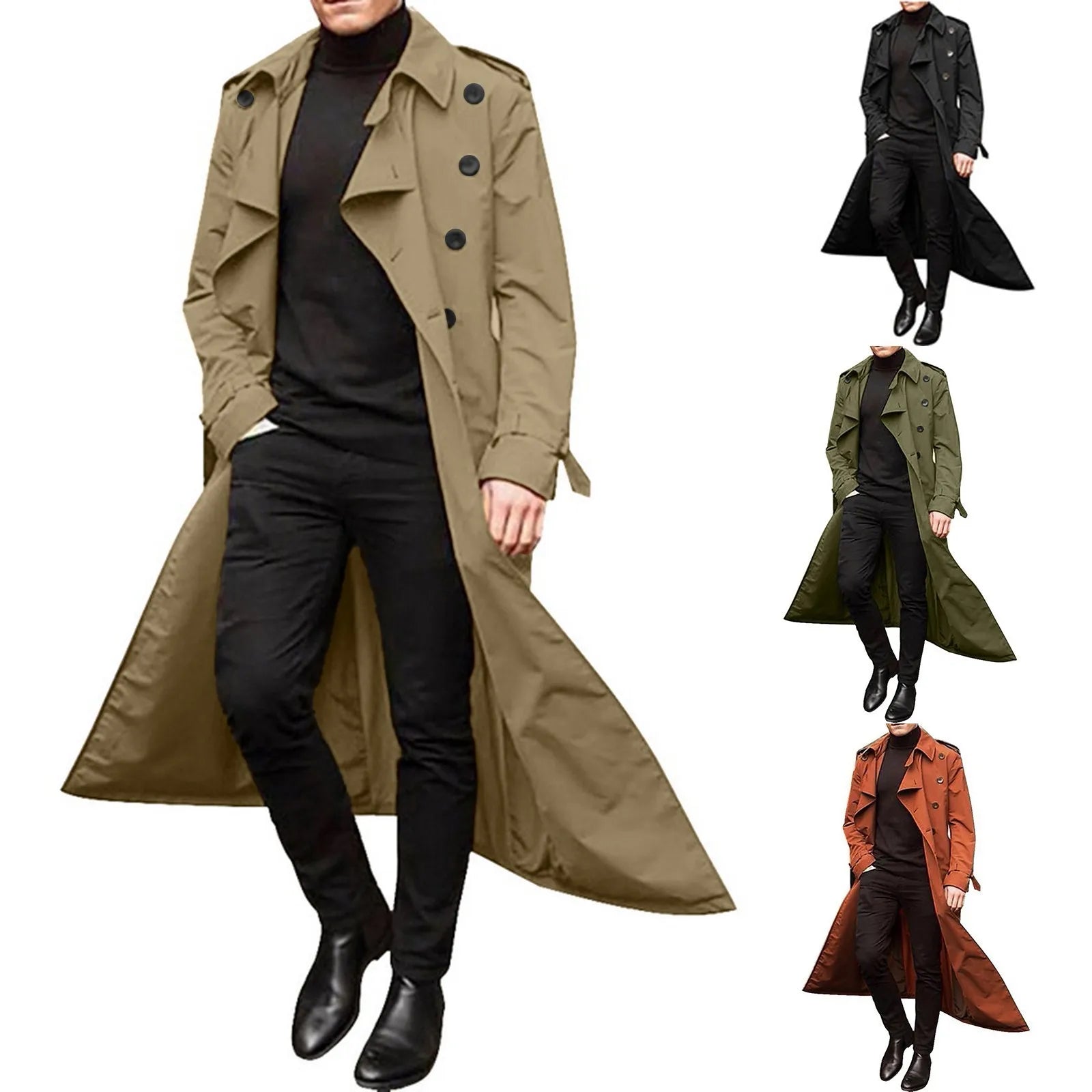 Men'S Windbreaker Spring Autumn Long-Slevee Extra Long Trench Coat Classic Trend Double Breasted Solid Color Temperament Trench