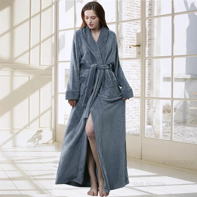 Women Men Extra Long Warm Bathrobe Plus Size Jacquard Coral Fleece Thermal Bath Robe Winter Dressing Gown Flannel Cozy Sleepwear - KADIR MARKET