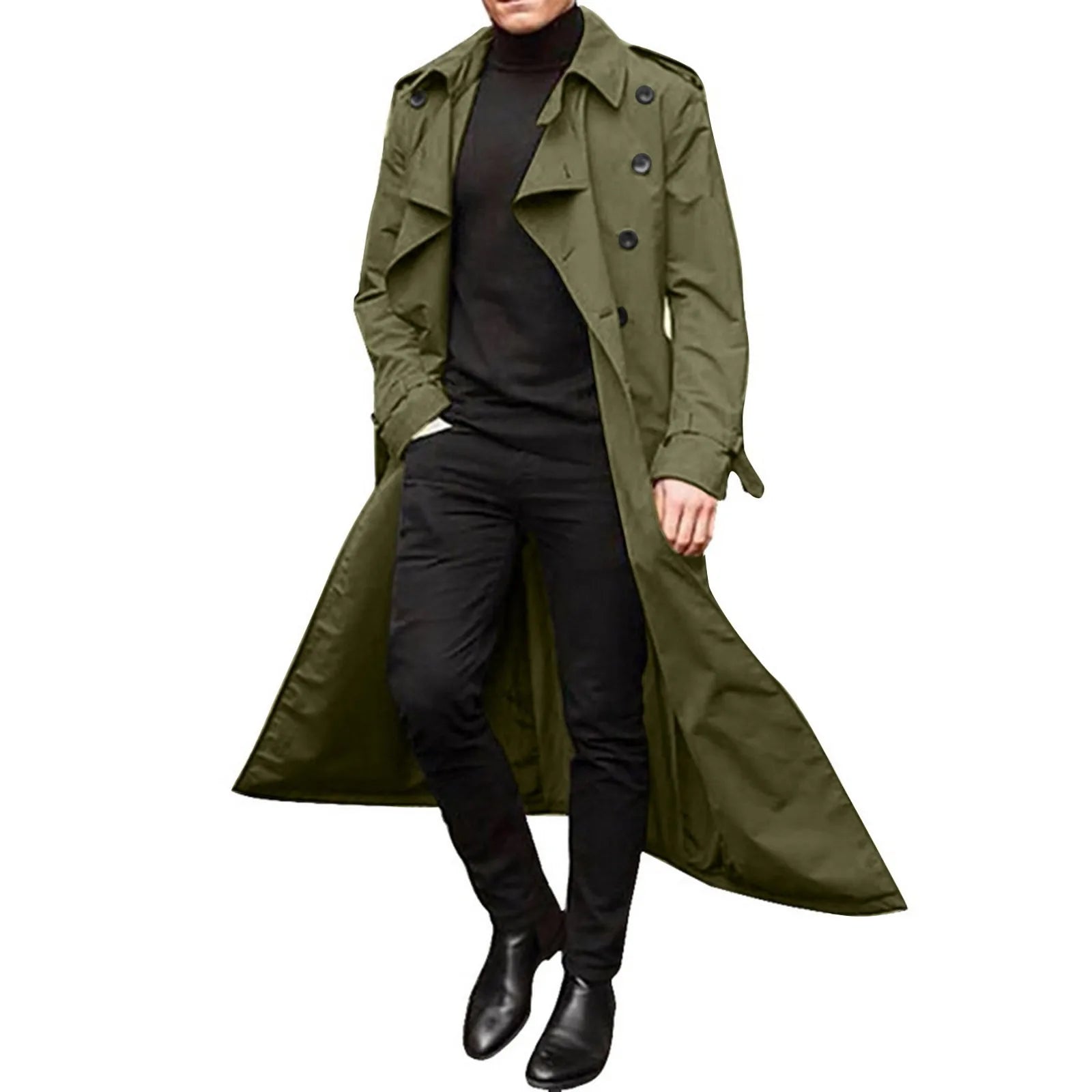 Men'S Windbreaker Spring Autumn Long-Slevee Extra Long Trench Coat Classic Trend Double Breasted Solid Color Temperament Trench
