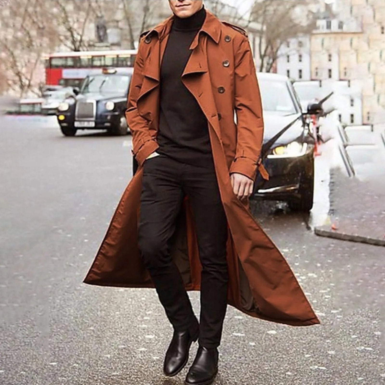 Men'S Windbreaker Spring Autumn Long-Slevee Extra Long Trench Coat Classic Trend Double Breasted Solid Color Temperament Trench