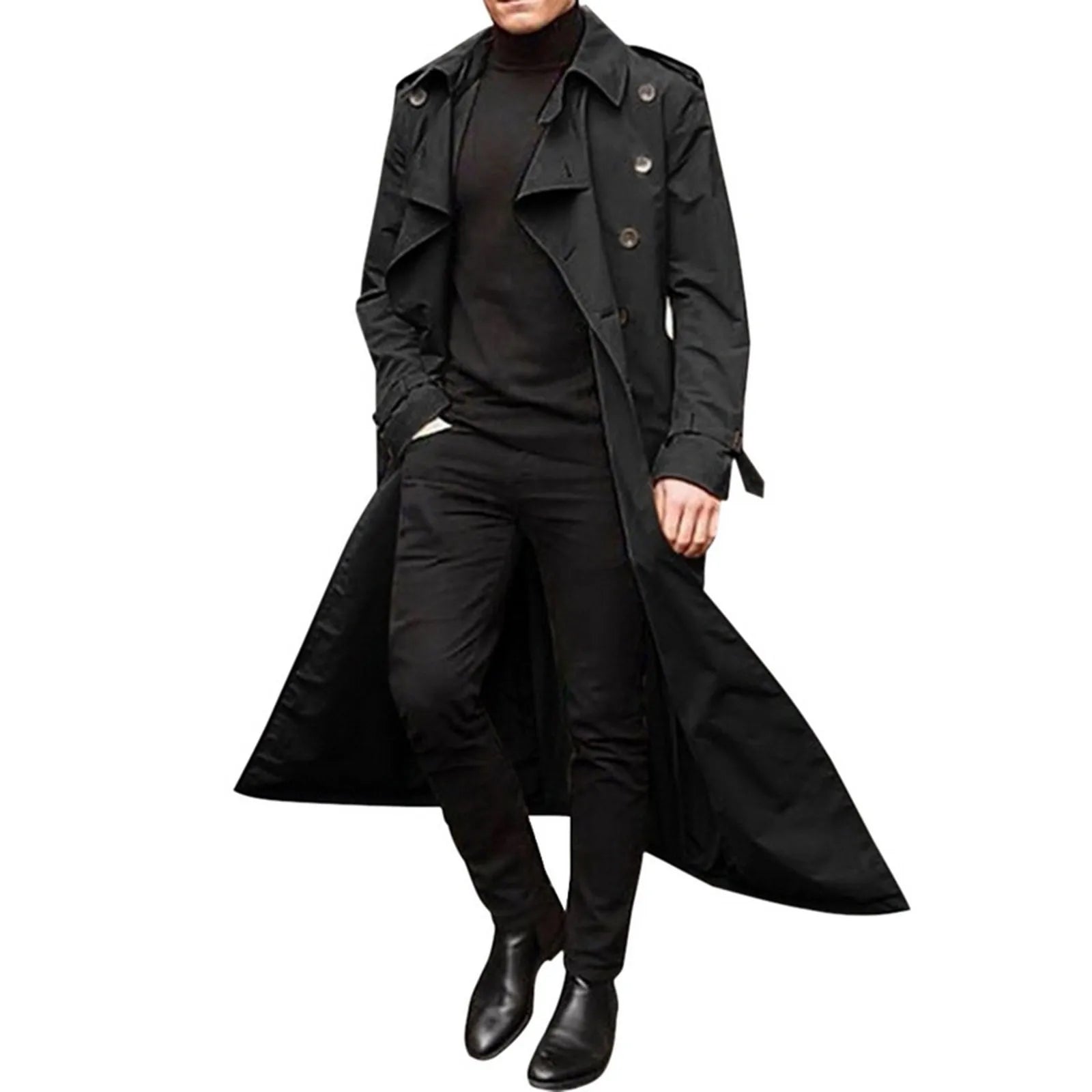 Men'S Windbreaker Spring Autumn Long-Slevee Extra Long Trench Coat Classic Trend Double Breasted Solid Color Temperament Trench