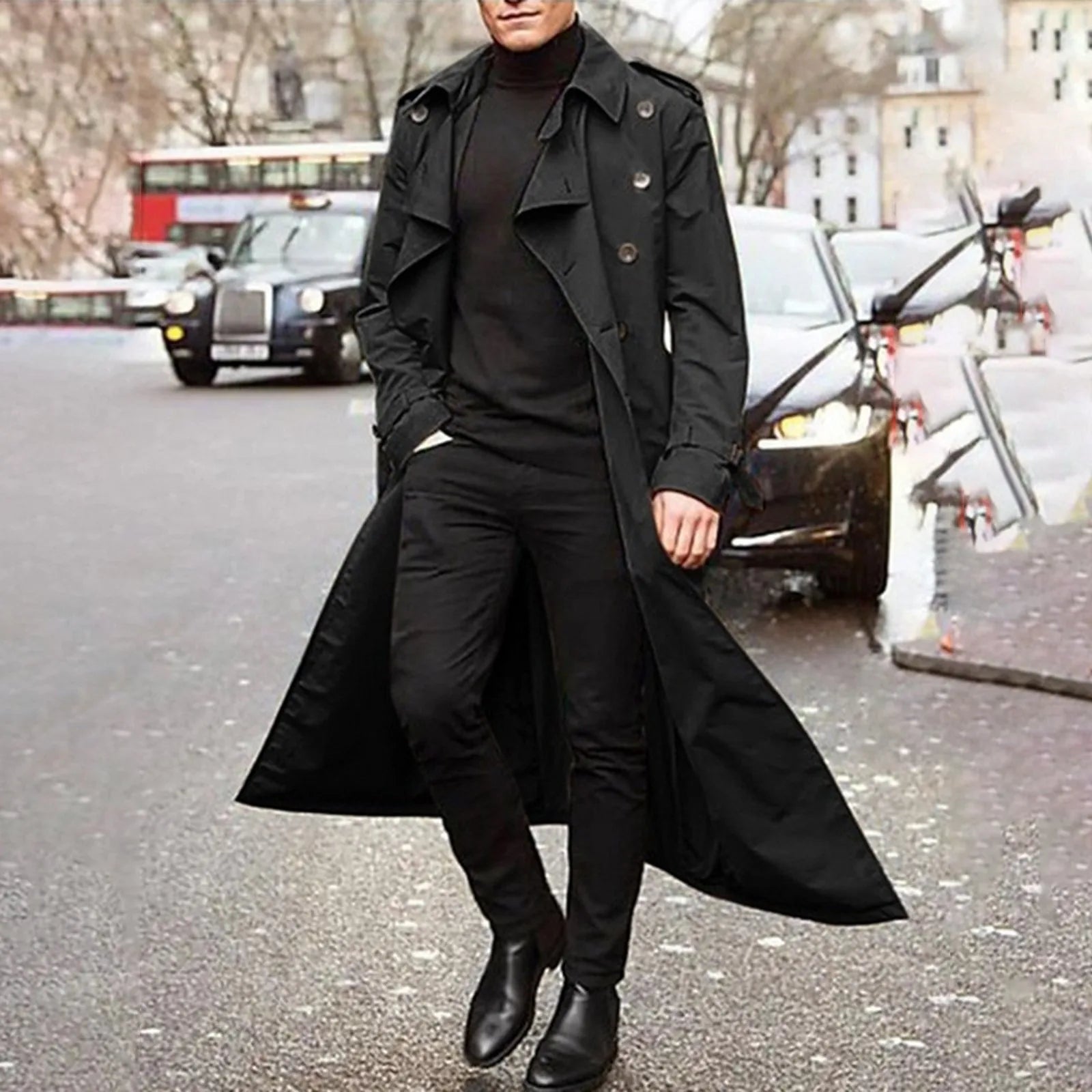 Men'S Windbreaker Spring Autumn Long-Slevee Extra Long Trench Coat Classic Trend Double Breasted Solid Color Temperament Trench