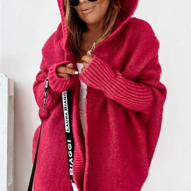 Fashion Bat Sleeve Hooded Cardigan Oversized Loose Temperament Solid Color Sweater Womens Clothing