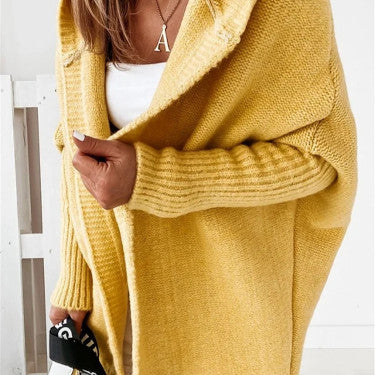 Fashion Bat Sleeve Hooded Cardigan Oversized Loose Temperament Solid Color Sweater Womens Clothing