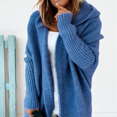 Fashion Bat Sleeve Hooded Cardigan Oversized Loose Temperament Solid Color Sweater Womens Clothing