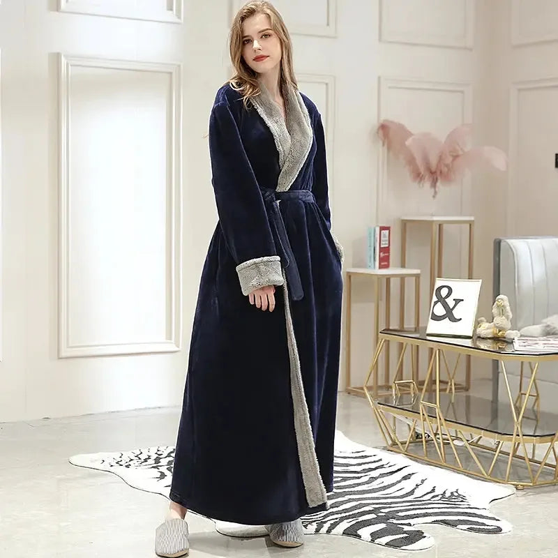 Women Men Extra Long Warm Bathrobe Plus Size Jacquard Coral Fleece Thermal Bath Robe Winter Dressing Gown Flannel Cozy Sleepwear - KADIR MARKET