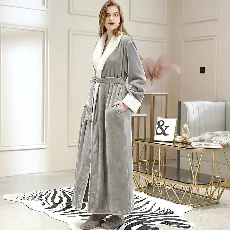 Women Men Extra Long Warm Bathrobe Plus Size Jacquard Coral Fleece Thermal Bath Robe Winter Dressing Gown Flannel Cozy Sleepwear - KADIR MARKET
