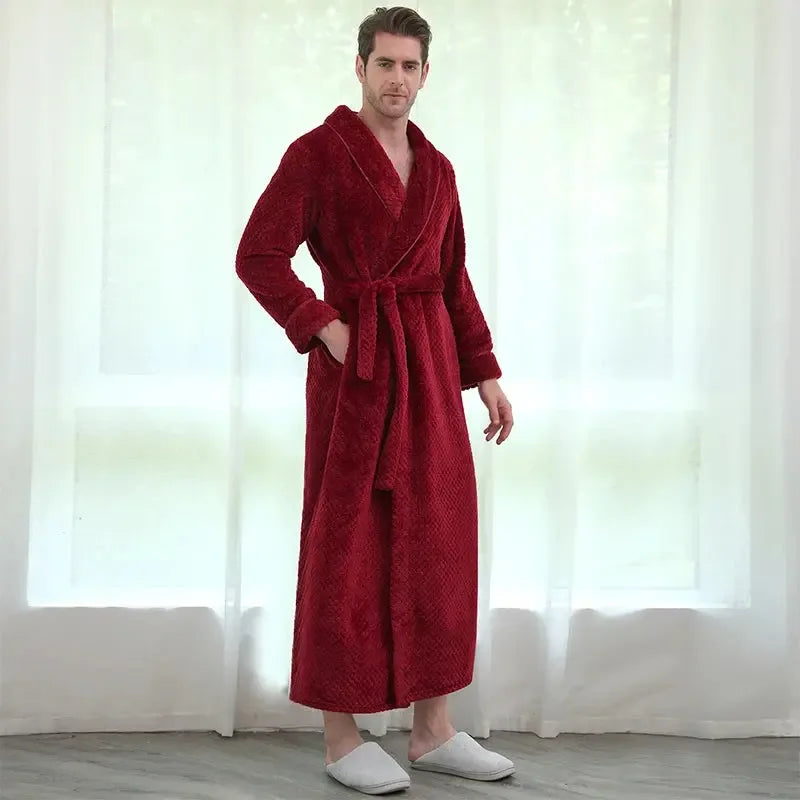 Women Men Extra Long Warm Bathrobe Plus Size Jacquard Coral Fleece Thermal Bath Robe Winter Dressing Gown Flannel Cozy Sleepwear - KADIR MARKET