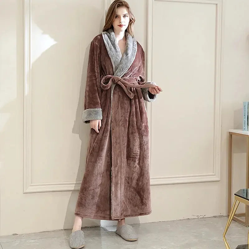 Women Men Extra Long Warm Bathrobe Plus Size Jacquard Coral Fleece Thermal Bath Robe Winter Dressing Gown Flannel Cozy Sleepwear - KADIR MARKET