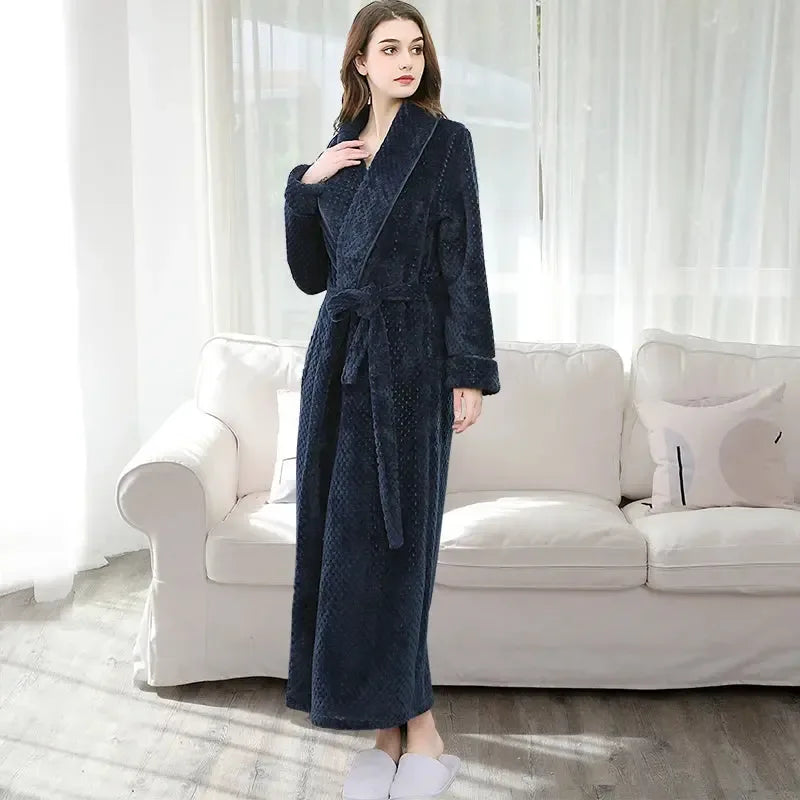 Women Men Extra Long Warm Bathrobe Plus Size Jacquard Coral Fleece Thermal Bath Robe Winter Dressing Gown Flannel Cozy Sleepwear - KADIR MARKET
