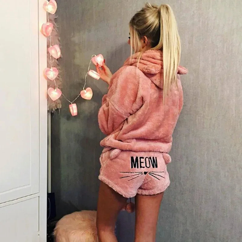 Women Fleece Pijamas Female Pajamas Set Autumn Winter Warm Pyjamas Women Sexy Lingerie Cat Pijama Mujer Sleepwear Homewear - KADIR MARKET