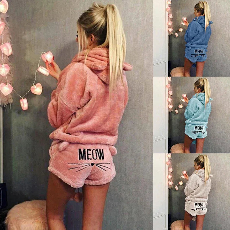Women Fleece Pijamas Female Pajamas Set Autumn Winter Warm Pyjamas Women Sexy Lingerie Cat Pijama Mujer Sleepwear Homewear - KADIR MARKET