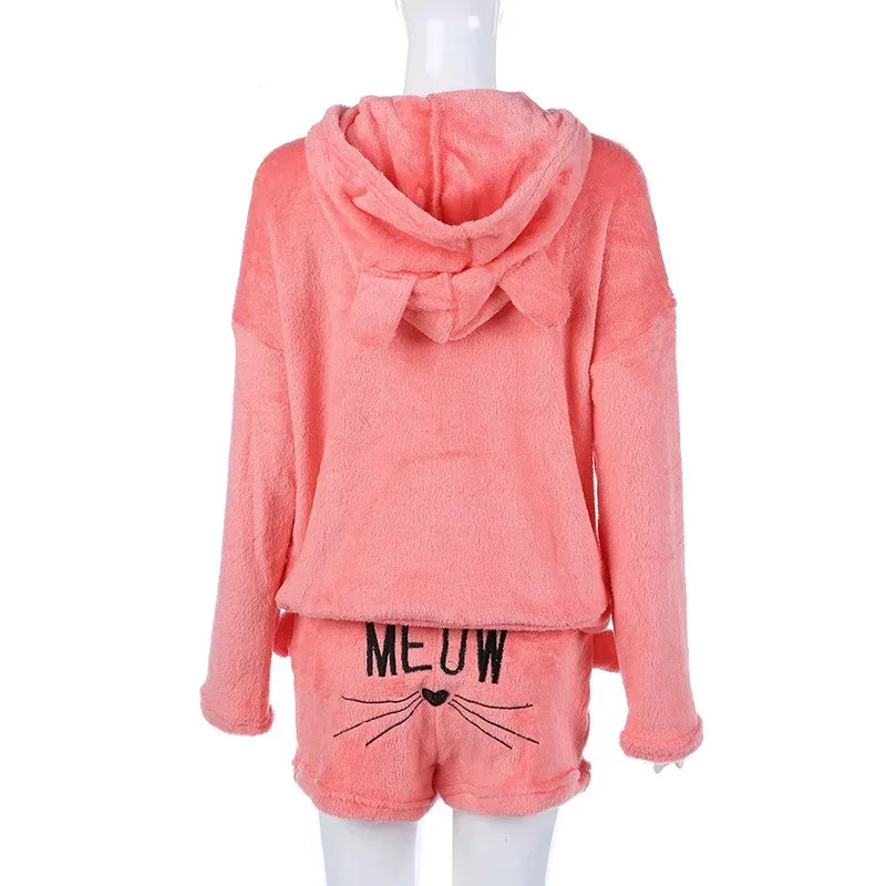 Women Fleece Pijamas Female Pajamas Set Autumn Winter Warm Pyjamas Women Sexy Lingerie Cat Pijama Mujer Sleepwear Homewear - KADIR MARKET