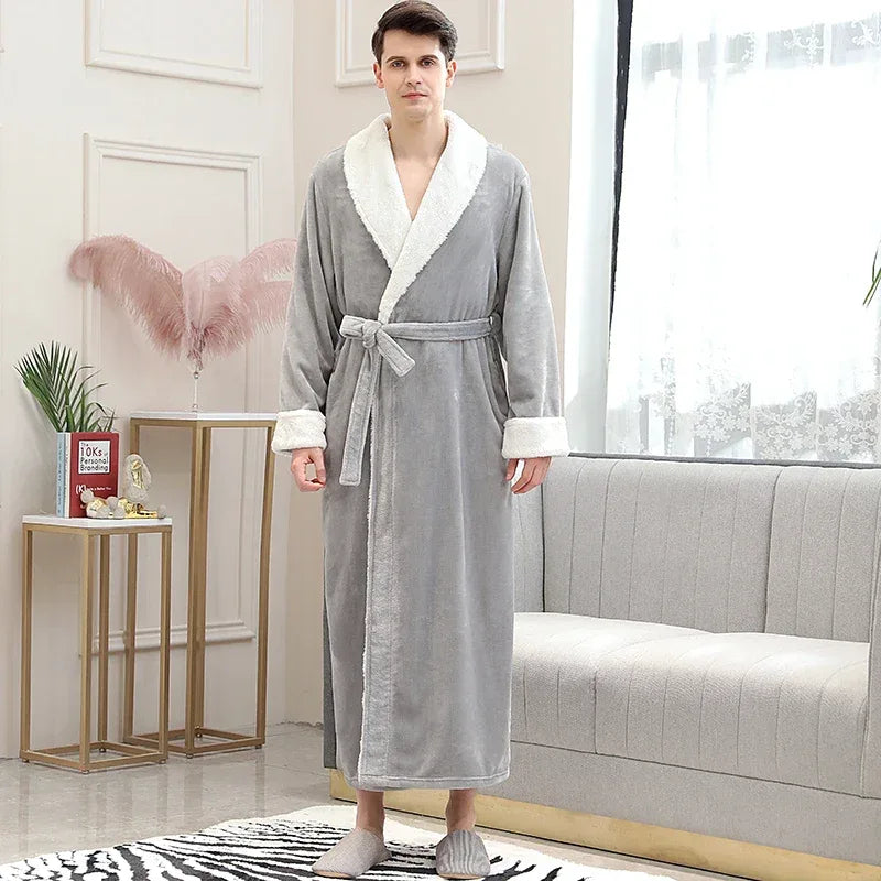 Women Men Extra Long Warm Bathrobe Plus Size Jacquard Coral Fleece Thermal Bath Robe Winter Dressing Gown Flannel Cozy Sleepwear - KADIR MARKET