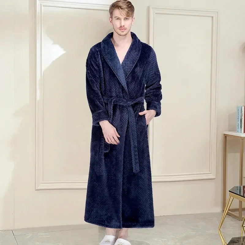 Women Men Extra Long Warm Bathrobe Plus Size Jacquard Coral Fleece Thermal Bath Robe Winter Dressing Gown Flannel Cozy Sleepwear - KADIR MARKET