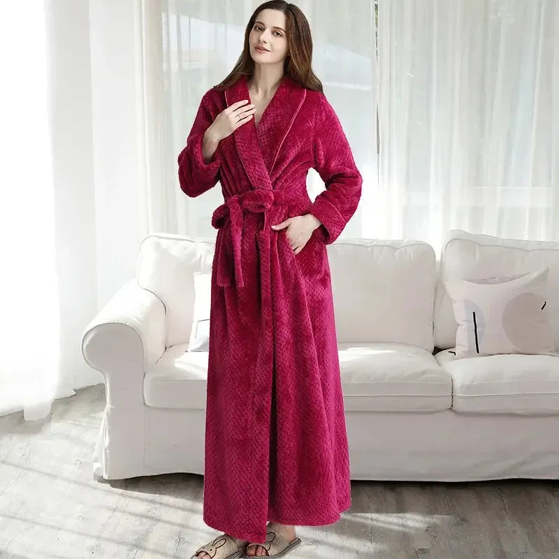 Women Men Extra Long Warm Bathrobe Plus Size Jacquard Coral Fleece Thermal Bath Robe Winter Dressing Gown Flannel Cozy Sleepwear - KADIR MARKET