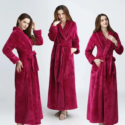 Women Men Extra Long Warm Bathrobe Plus Size Jacquard Coral Fleece Thermal Bath Robe Winter Dressing Gown Flannel Cozy Sleepwear - KADIR MARKET