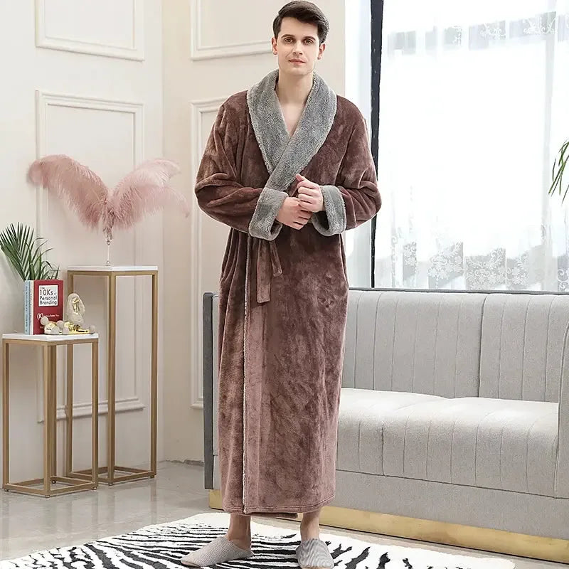 Women Men Extra Long Warm Bathrobe Plus Size Jacquard Coral Fleece Thermal Bath Robe Winter Dressing Gown Flannel Cozy Sleepwear - KADIR MARKET