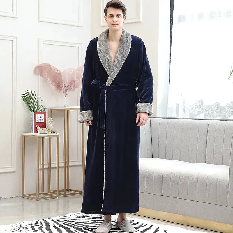 Women Men Extra Long Warm Bathrobe Plus Size Jacquard Coral Fleece Thermal Bath Robe Winter Dressing Gown Flannel Cozy Sleepwear - KADIR MARKET