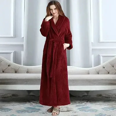 Women Men Extra Long Warm Bathrobe Plus Size Jacquard Coral Fleece Thermal Bath Robe Winter Dressing Gown Flannel Cozy Sleepwear - KADIR MARKET
