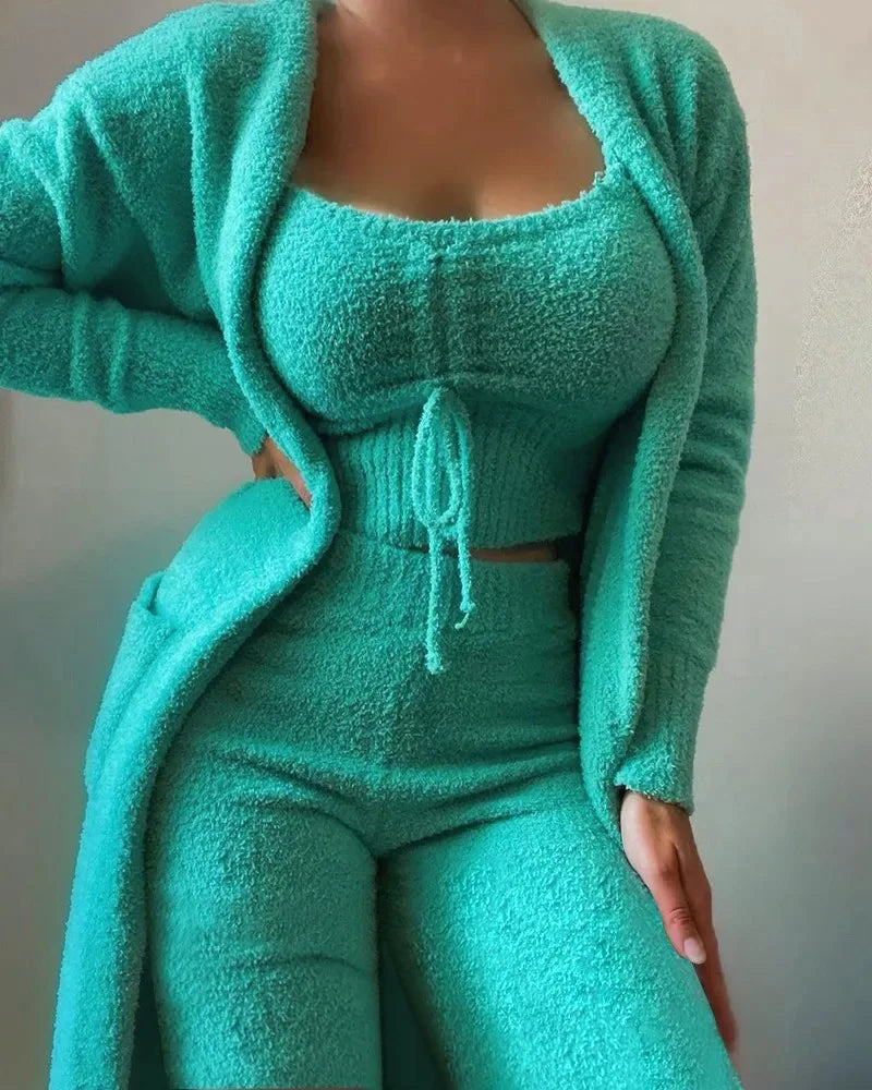 2025 New Luxury Women's Plush Pajamas Set Crop Top+Long Pants+Coat 3 Pieces Suit Homewear Female Matching Sets Warm Pyjamas Pjs - KADIR MARKET