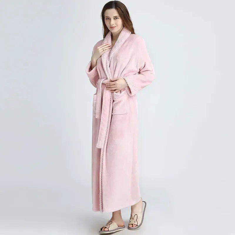 Women Men Extra Long Warm Bathrobe Plus Size Jacquard Coral Fleece Thermal Bath Robe Winter Dressing Gown Flannel Cozy Sleepwear - KADIR MARKET