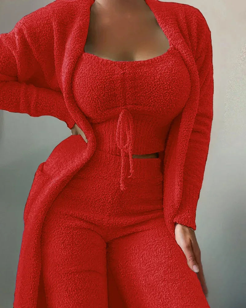 2025 New Luxury Women's Plush Pajamas Set Crop Top+Long Pants+Coat 3 Pieces Suit Homewear Female Matching Sets Warm Pyjamas Pjs - KADIR MARKET