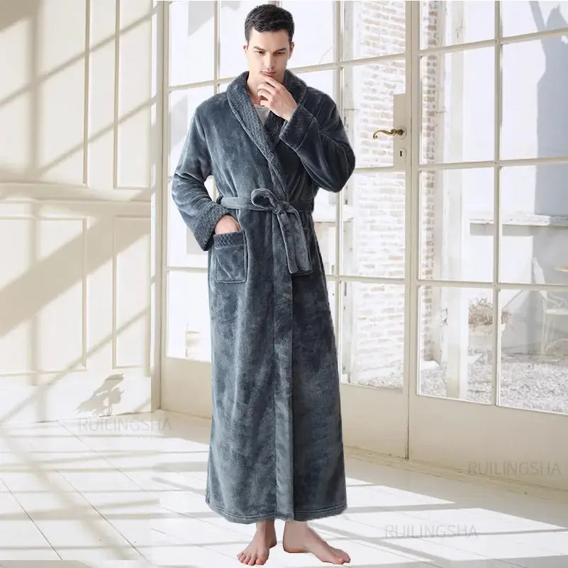 Women Men Extra Long Warm Bathrobe Plus Size Jacquard Coral Fleece Thermal Bath Robe Winter Dressing Gown Flannel Cozy Sleepwear - KADIR MARKET