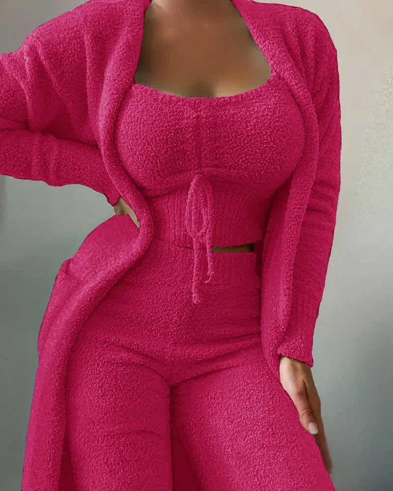 2025 New Luxury Women's Plush Pajamas Set Crop Top+Long Pants+Coat 3 Pieces Suit Homewear Female Matching Sets Warm Pyjamas Pjs - KADIR MARKET