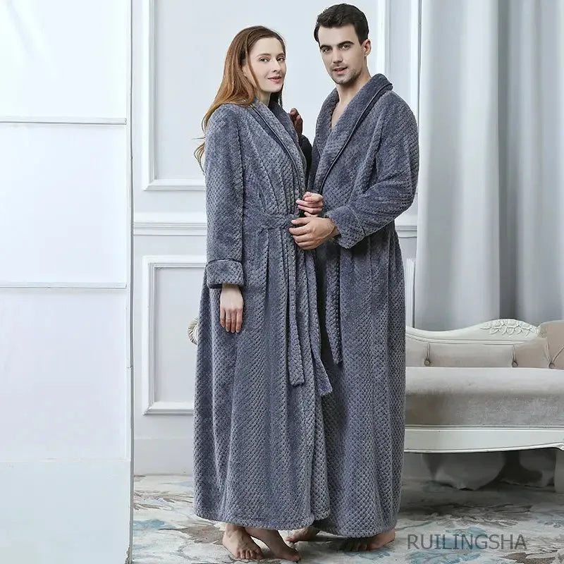 Women Men Extra Long Warm Bathrobe Plus Size Jacquard Coral Fleece Thermal Bath Robe Winter Dressing Gown Flannel Cozy Sleepwear - KADIR MARKET