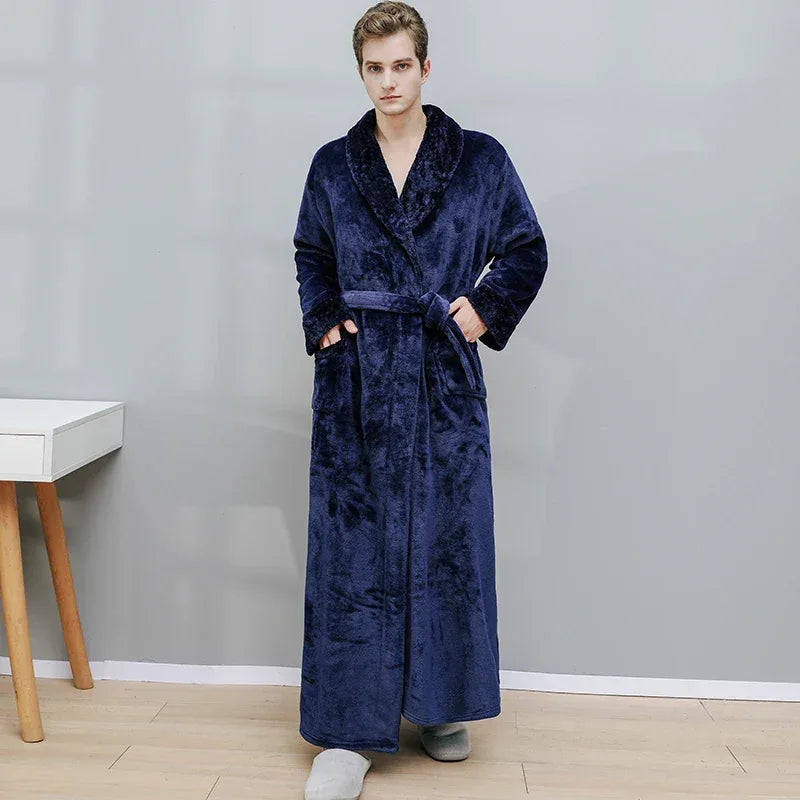 Women Men Extra Long Warm Bathrobe Plus Size Jacquard Coral Fleece Thermal Bath Robe Winter Dressing Gown Flannel Cozy Sleepwear - KADIR MARKET
