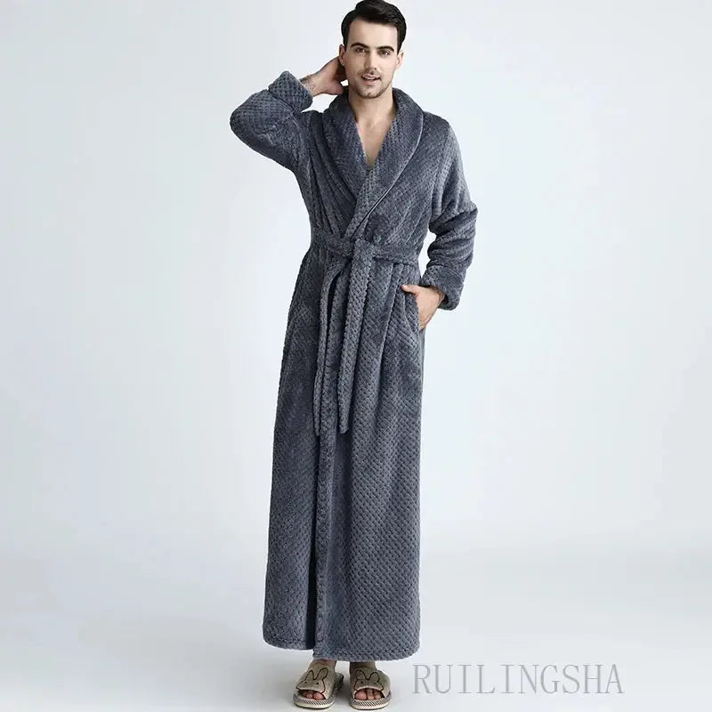 Women Men Extra Long Warm Bathrobe Plus Size Jacquard Coral Fleece Thermal Bath Robe Winter Dressing Gown Flannel Cozy Sleepwear - KADIR MARKET
