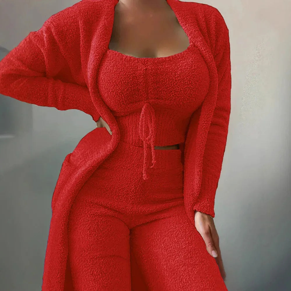 2025 New Luxury Women's Plush Pajamas Set Crop Top+Long Pants+Coat 3 Pieces Suit Homewear Female Matching Sets Warm Pyjamas Pjs - KADIR MARKET