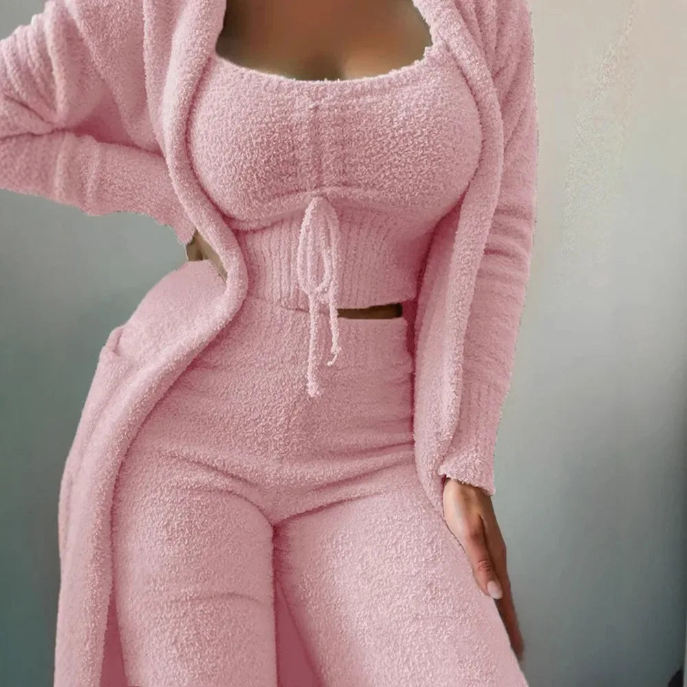 2025 New Luxury Women's Plush Pajamas Set Crop Top+Long Pants+Coat 3 Pieces Suit Homewear Female Matching Sets Warm Pyjamas Pjs - KADIR MARKET