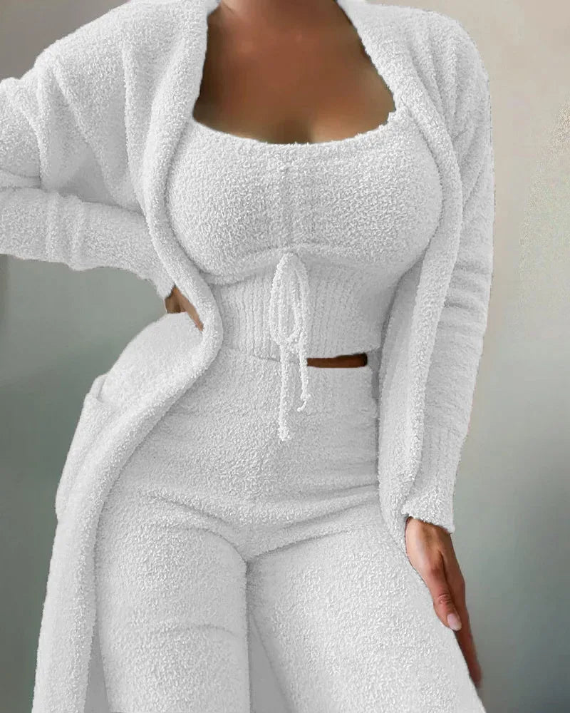 2025 New Luxury Women's Plush Pajamas Set Crop Top+Long Pants+Coat 3 Pieces Suit Homewear Female Matching Sets Warm Pyjamas Pjs - KADIR MARKET