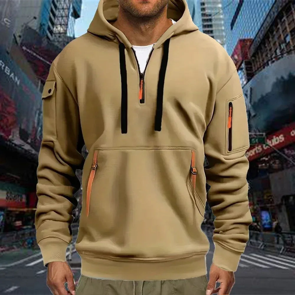 Men's Casual Sports Hoodie Spring Autumn Fashion Solid Color Long-Sleeved Pullover with Arm Pocket And Pull Rope plus Size - KADIR MARKET