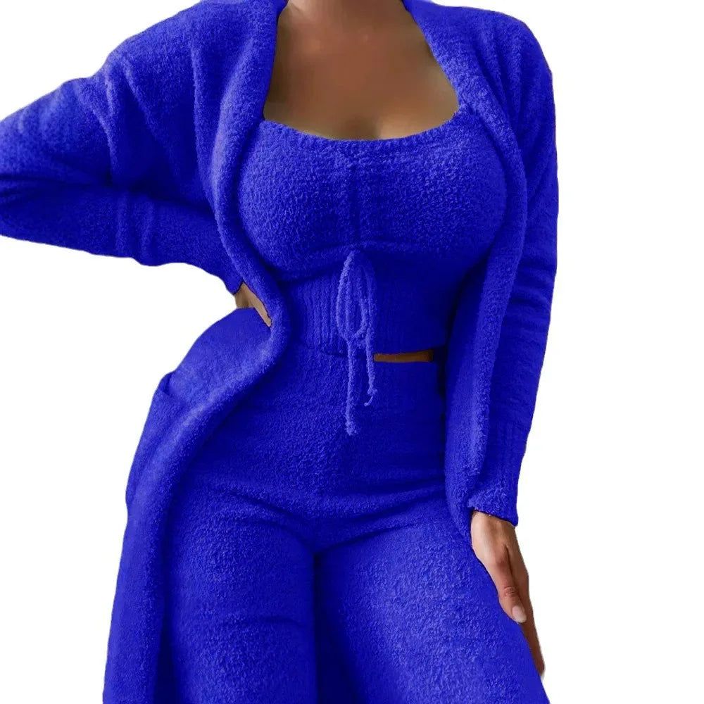 2025 New Luxury Women's Plush Pajamas Set Crop Top+Long Pants+Coat 3 Pieces Suit Homewear Female Matching Sets Warm Pyjamas Pjs - KADIR MARKET