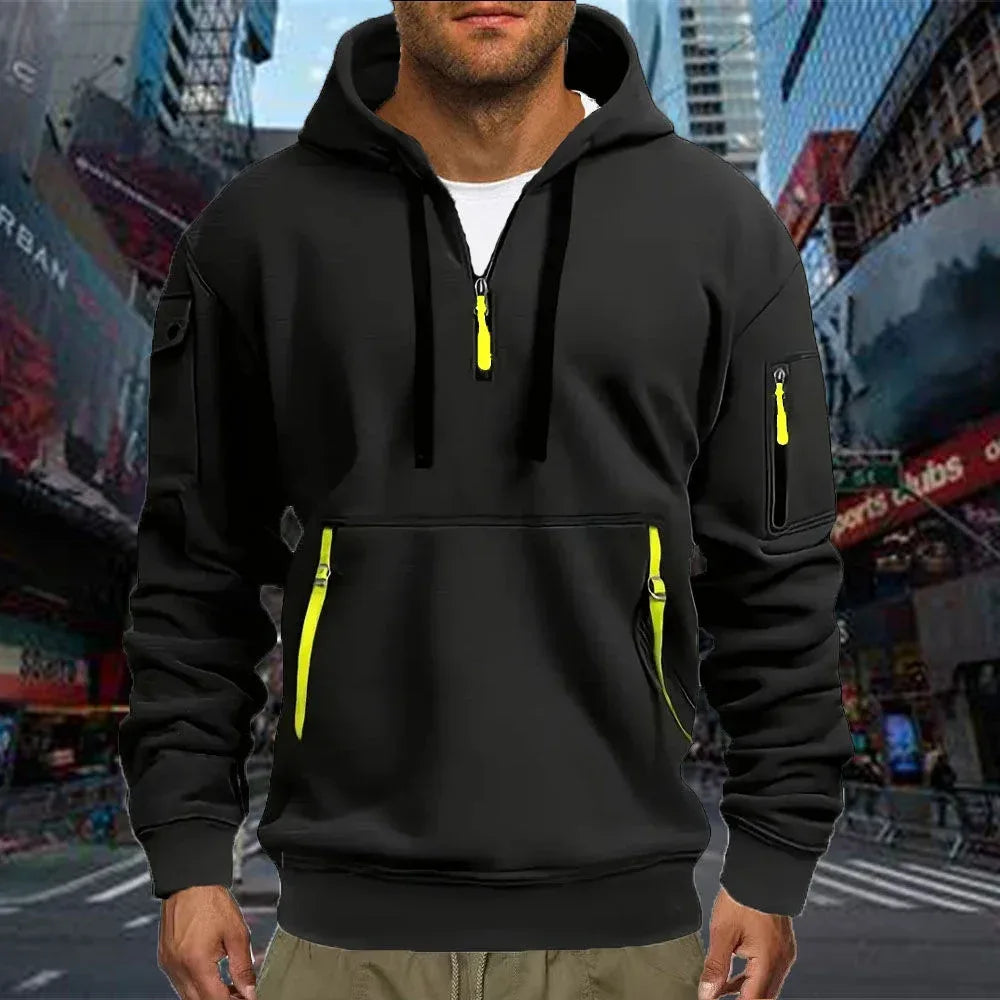 Men's Casual Sports Hoodie Spring Autumn Fashion Solid Color Long-Sleeved Pullover with Arm Pocket And Pull Rope plus Size - KADIR MARKET