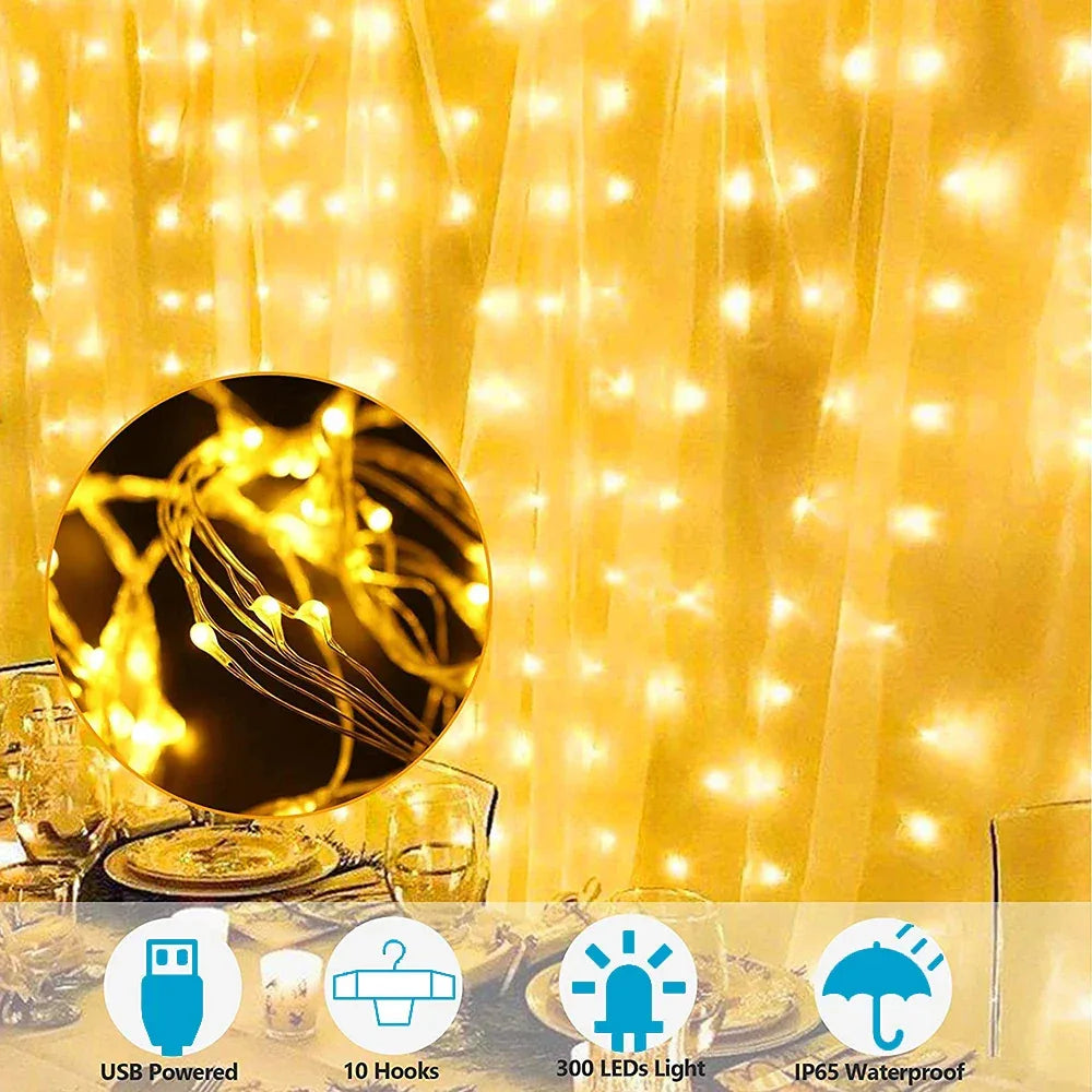 LED Curtain Garland Fairy Lights with 8 Modes for New Year Christmas Party Wedding Decoration - KADIR MARKET