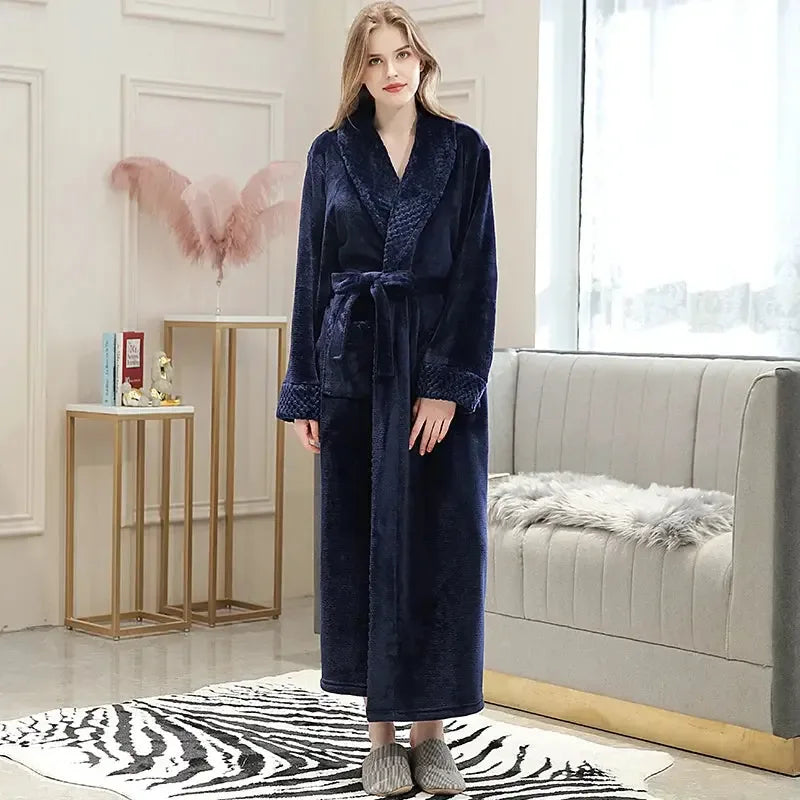 Women Men Extra Long Warm Bathrobe Plus Size Jacquard Coral Fleece Thermal Bath Robe Winter Dressing Gown Flannel Cozy Sleepwear - KADIR MARKET
