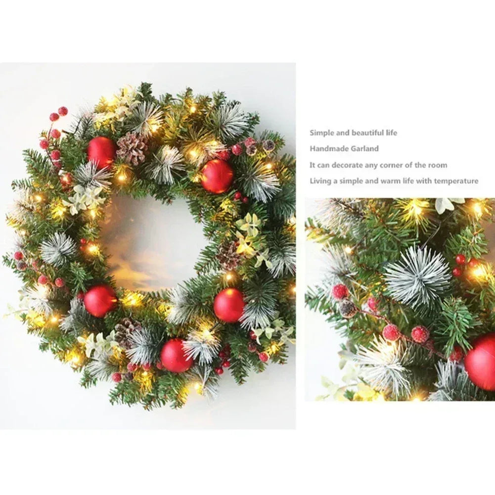 Led Christmas Wreath, 40CM Artificial Pinecone Red Berry Garland Hanging Ornaments, Front Door Wall Decorations Xmas Tree Wreath - KADIR MARKET
