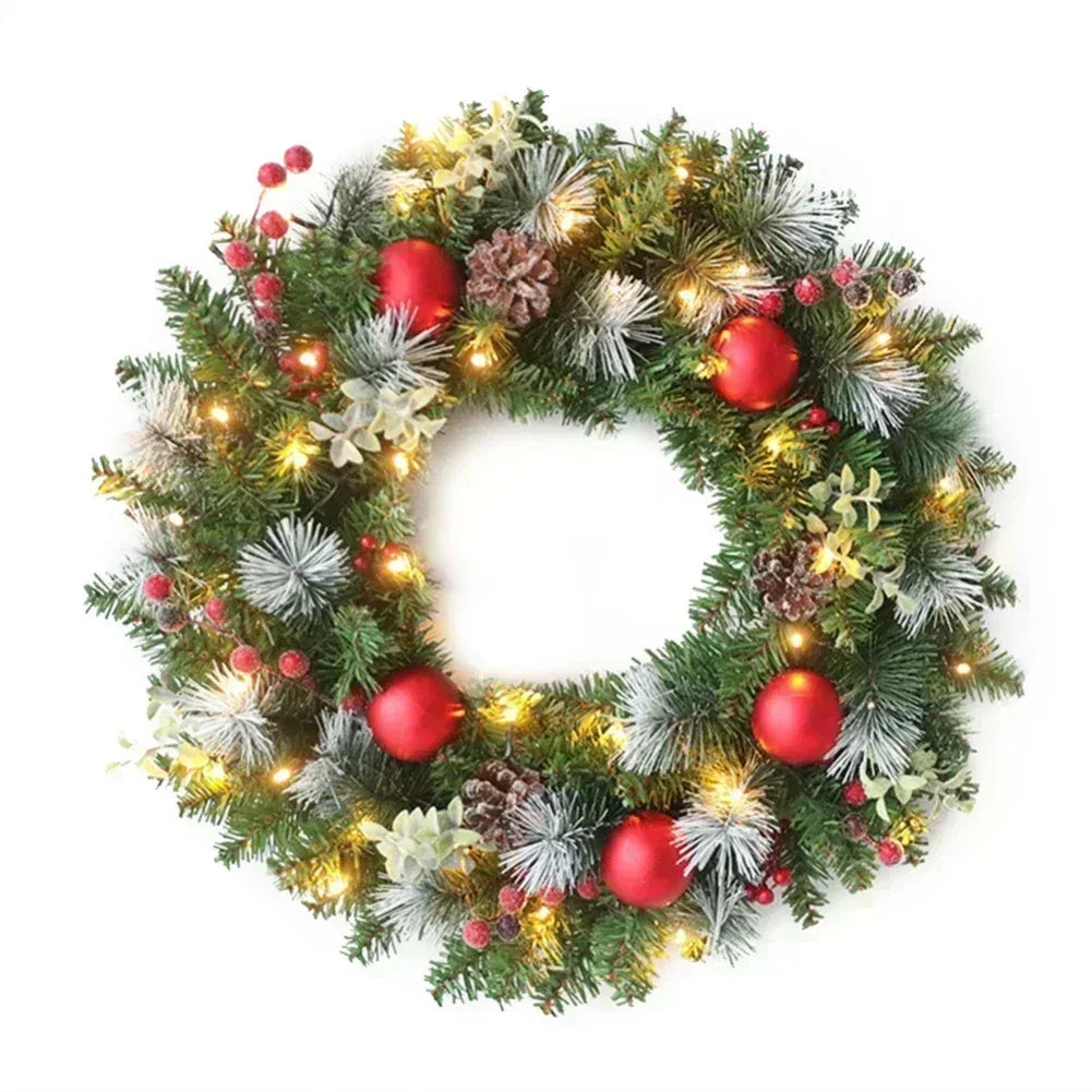 Led Christmas Wreath, 40CM Artificial Pinecone Red Berry Garland Hanging Ornaments, Front Door Wall Decorations Xmas Tree Wreath - KADIR MARKET