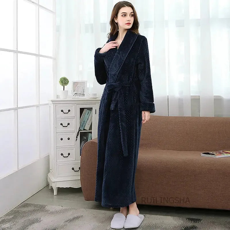 Women Men Extra Long Warm Bathrobe Plus Size Jacquard Coral Fleece Thermal Bath Robe Winter Dressing Gown Flannel Cozy Sleepwear - KADIR MARKET