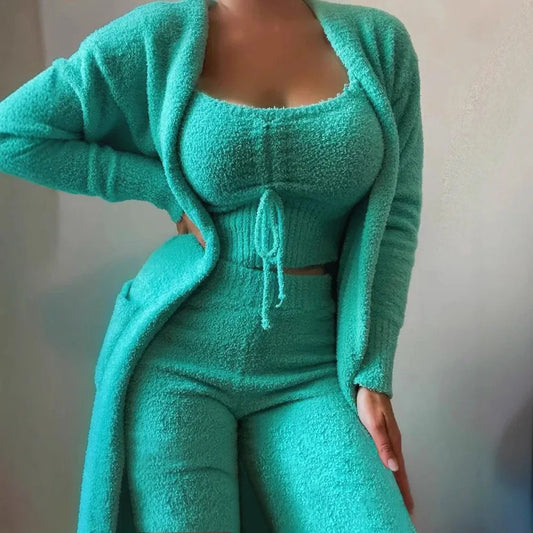 2025 New Luxury Women's Plush Pajamas Set Crop Top+Long Pants+Coat 3 Pieces Suit Homewear Female Matching Sets Warm Pyjamas Pjs - KADIR MARKET
