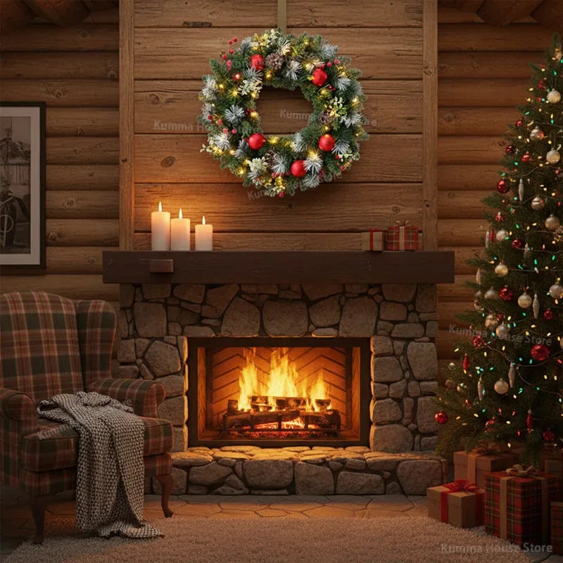 Led Christmas Wreath, 40CM Artificial Pinecone Red Berry Garland Hanging Ornaments, Front Door Wall Decorations Xmas Tree Wreath - KADIR MARKET