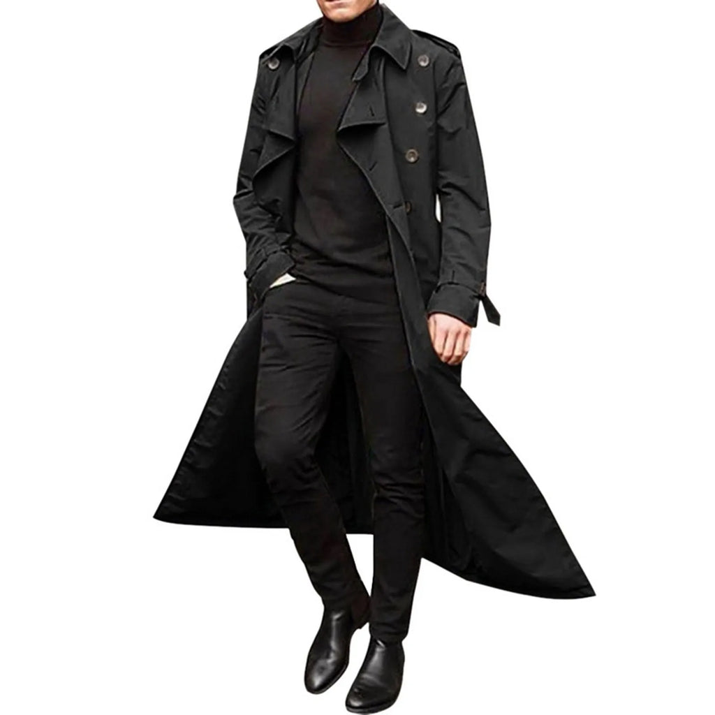Men'S Windbreaker Spring Autumn Long-Slevee Extra Long Trench Coat Classic Trend Double Breasted Solid Color Temperament Trench